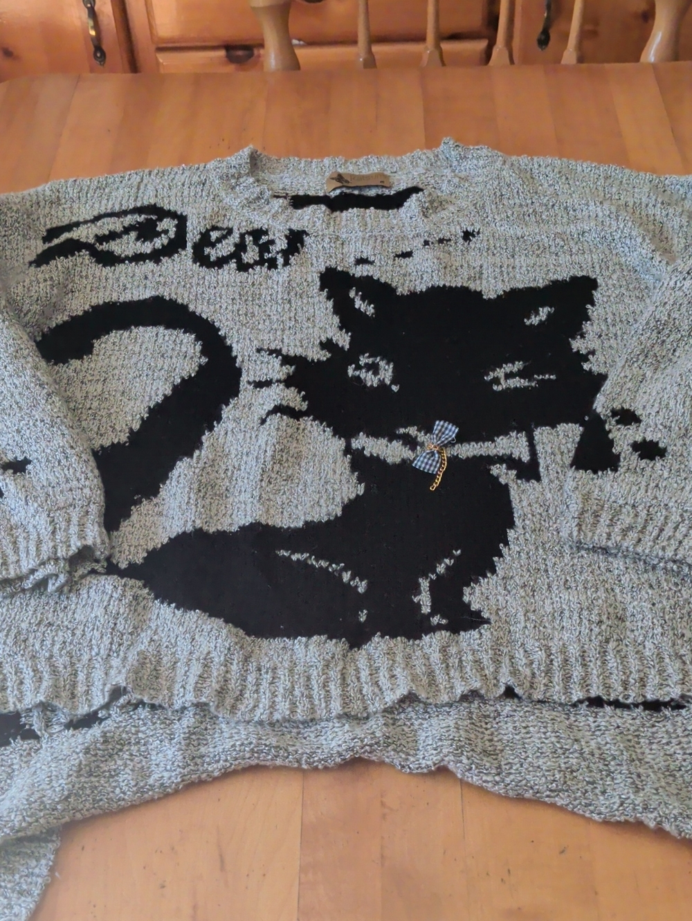 Gray Sweater with Black Cat Graphic